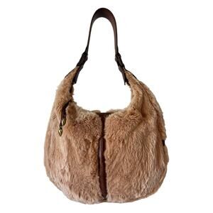 Authentic Longchamp Vintage Rabbit Fur Leather Hobo Shoulder Bag Made in France